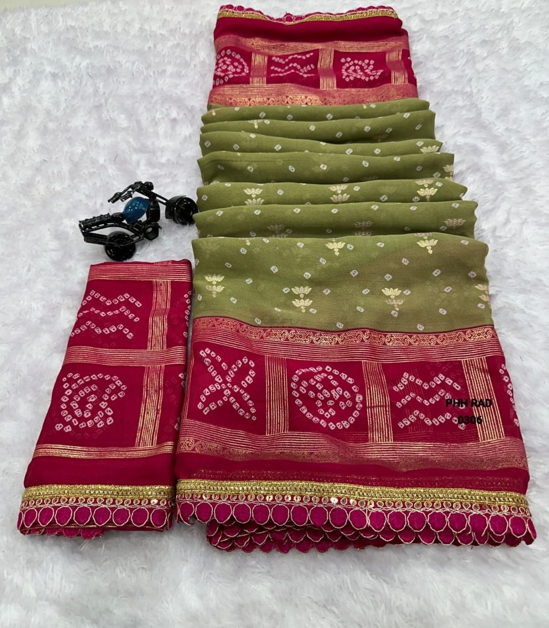 Dul Moch Saree with Embroidery work - Olive Green and Rani Pink